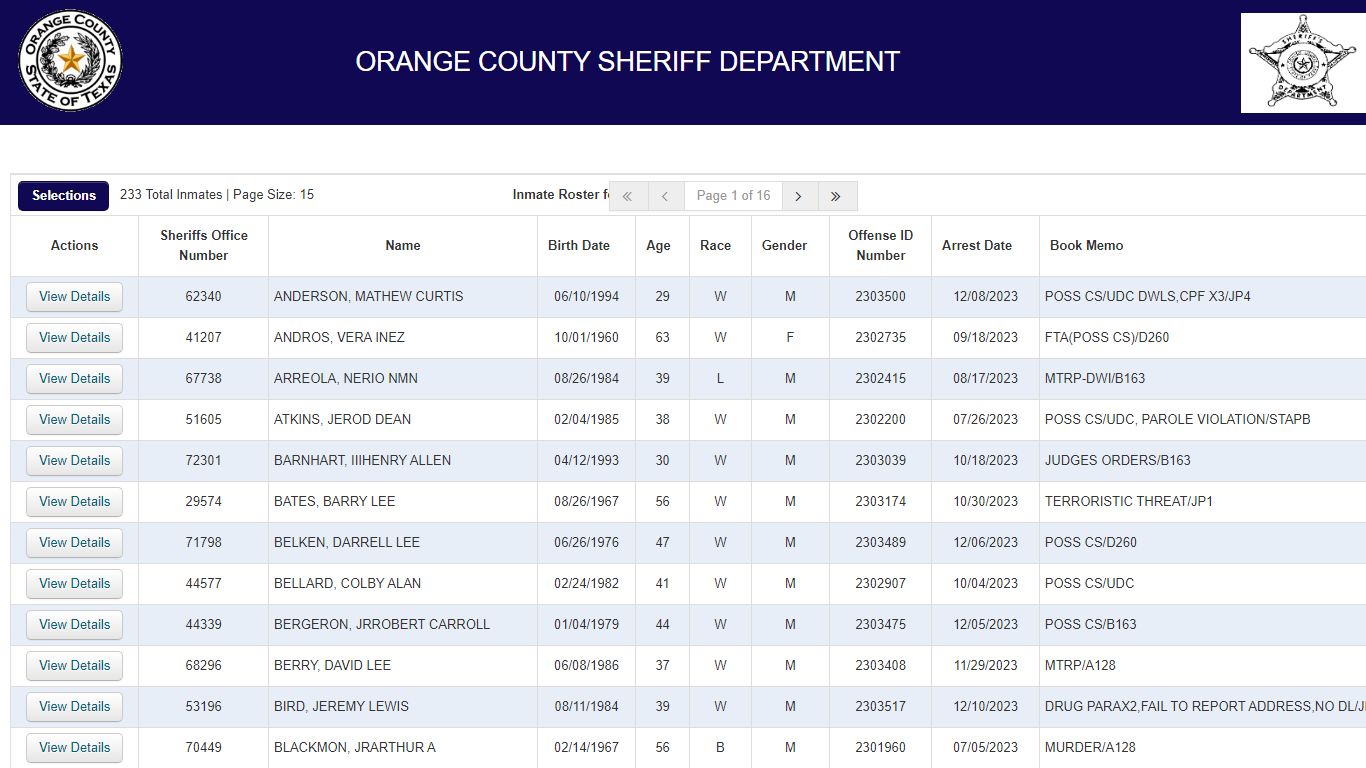 Inmate Roster - Orange County, Texas