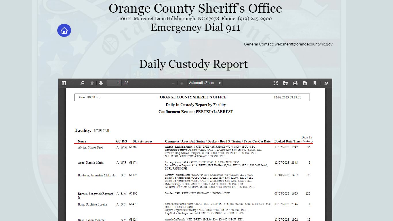 Daily Custody Report | ocso